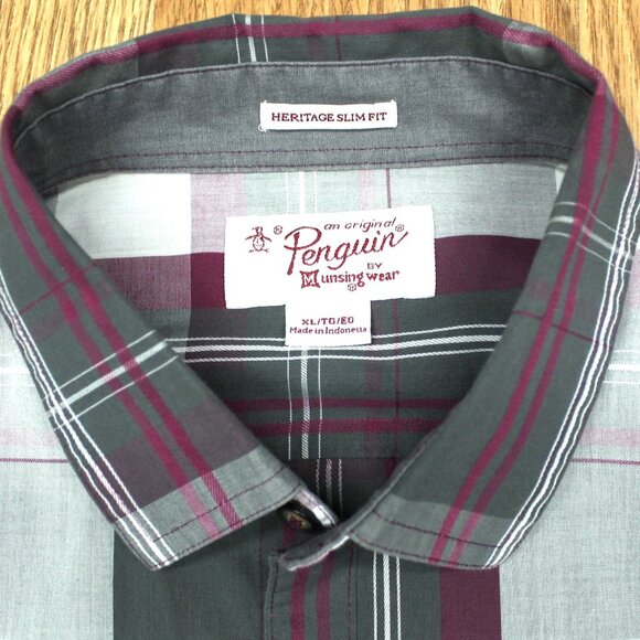 PENGUIN HERITAGE SLIM FIT COTTON/POLY SHIRT BURGUNDY PLAID Sz X-LARGE, XL - Picture 3 of 4